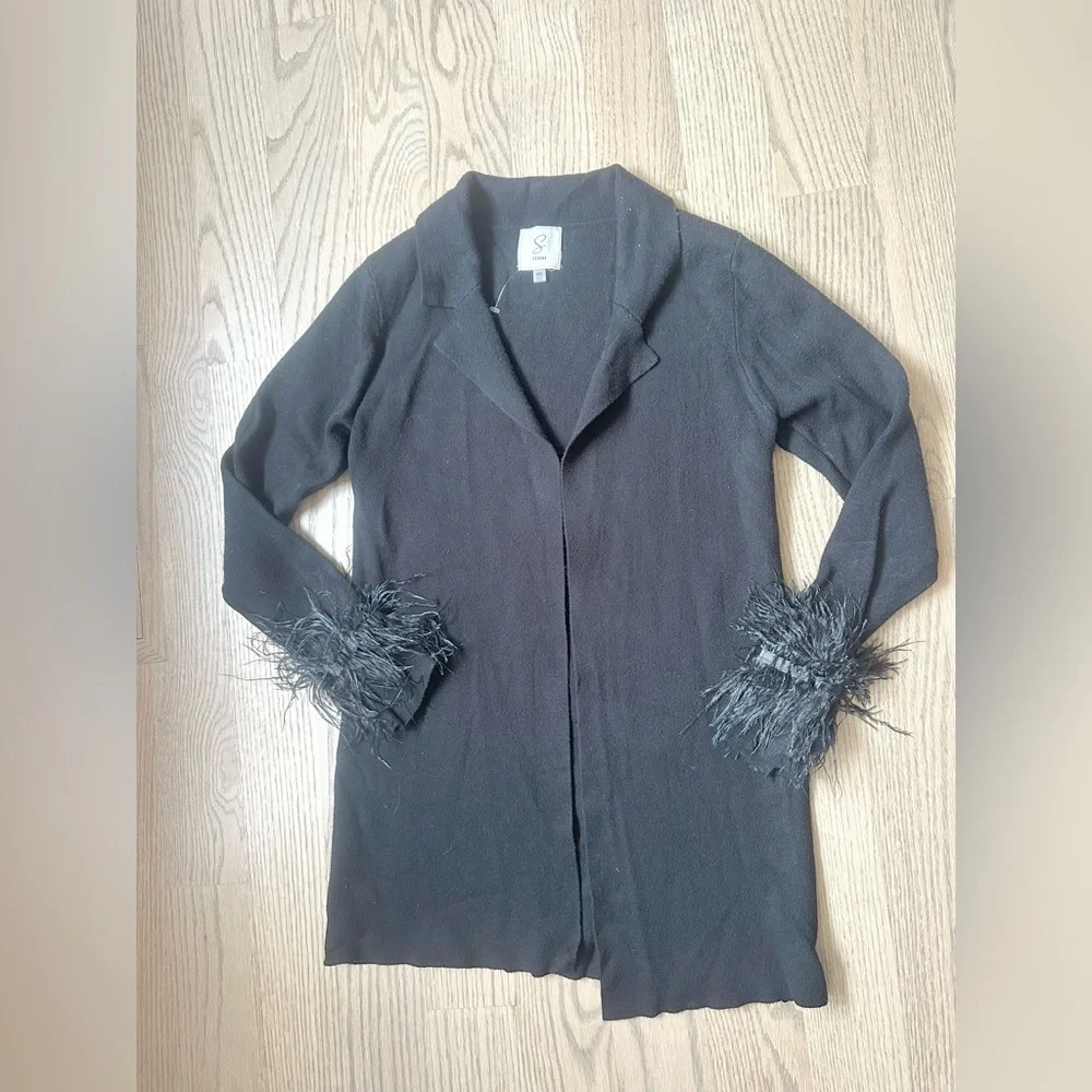 Sioni Black Longline Open Front Feather Cuff Knit Cardigan Sweater Blazer